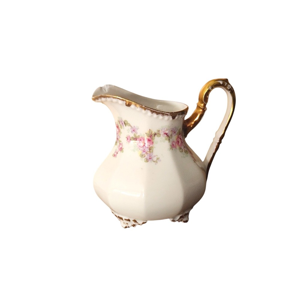 Vtg Ant Limoges Elite Works Creamer Bridal Pink Roses Gold Trim Footed READ 3.5"